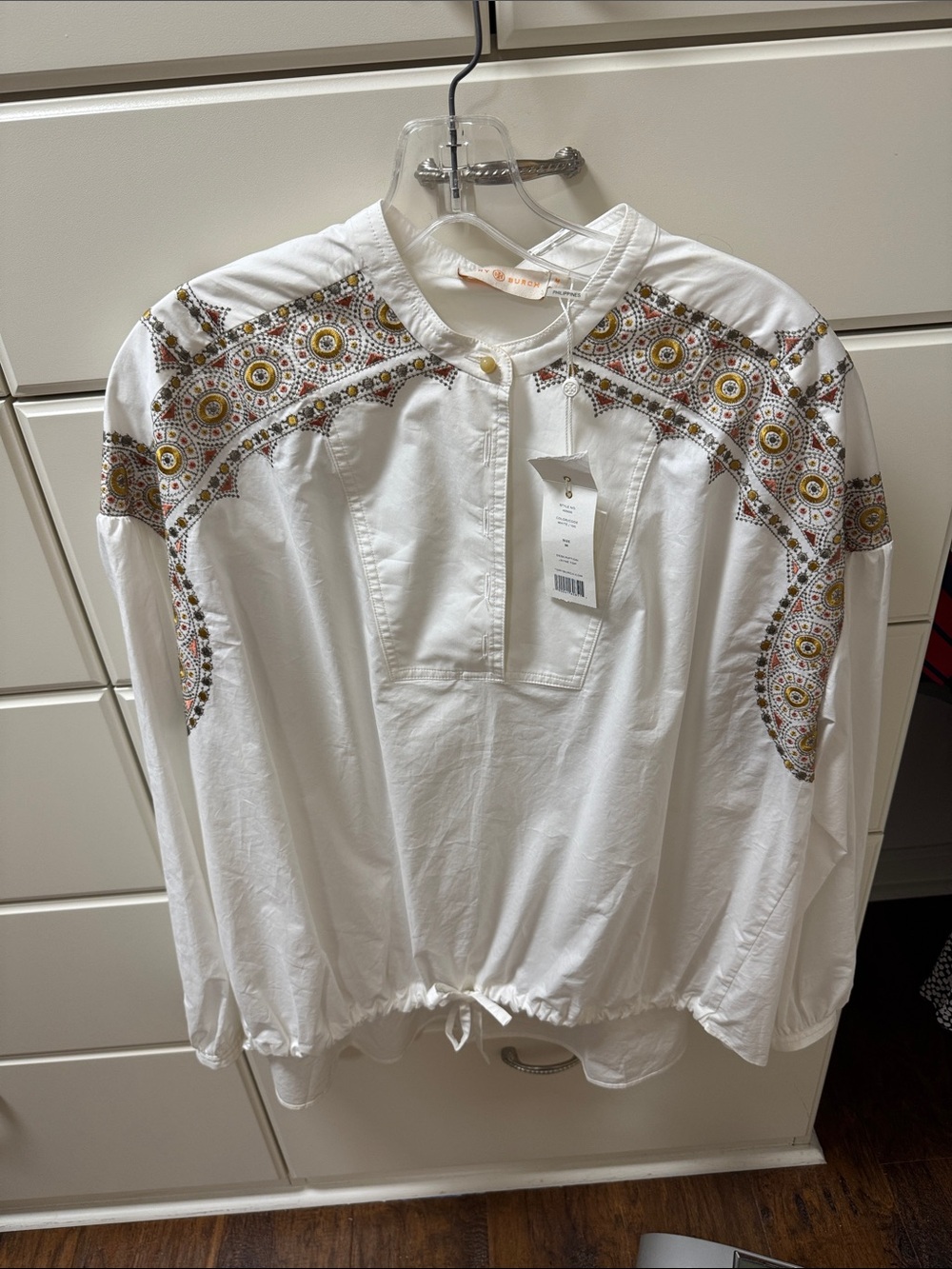 Tory Burch White Embroidered Peasant Top with Yellow & Brown Motifs